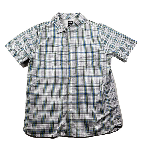 The North Face Plaid Short Sleeve Shirt Mens Large Green Brown White Nylon Blend - Picture 1 of 5